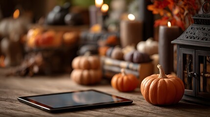 Thanksgiving still life with pumpkins, candles, and a tablet on a wooden table.