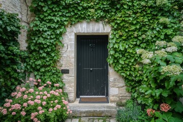 A charming black door framed by lush green ivy and colorful blooming flowers in a serene garden