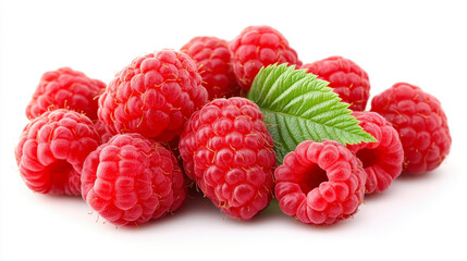 ripe raspberry with green leaf isolated on white background