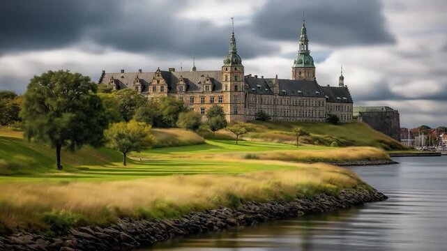Kronborg Castle by the Sea: A picturesque view of the majestic Kronborg Castle situated gracefully beside serene waterfront.