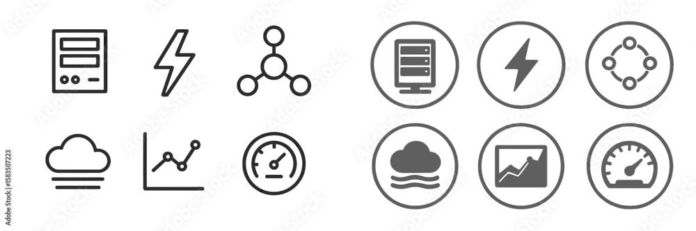 Poster symbols illustrating technology concepts including computing, data analysis, and cloud computing in 