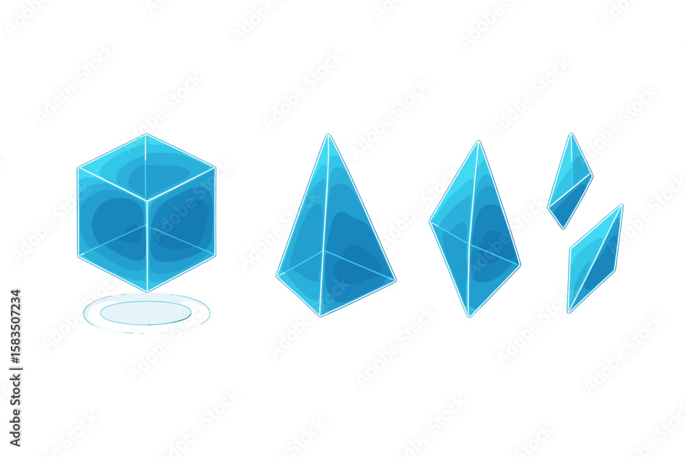 Poster various translucent geometric shapes representing modern design elements in a digital format