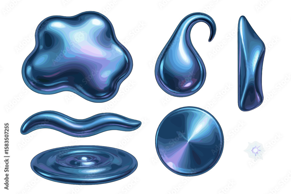 Poster various blue and metallic liquid shapes showcasing unique textures and forms for artistic and design