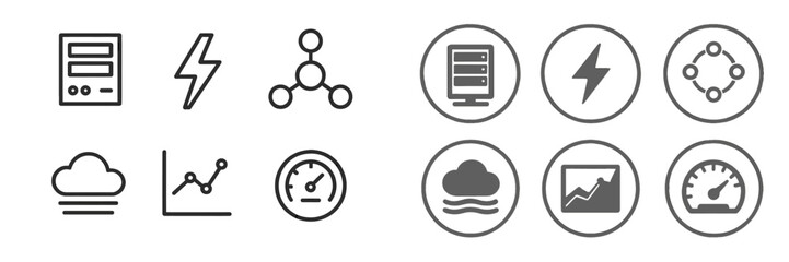 Symbols illustrating technology concepts including computing, data analysis, and cloud computing in a modern design