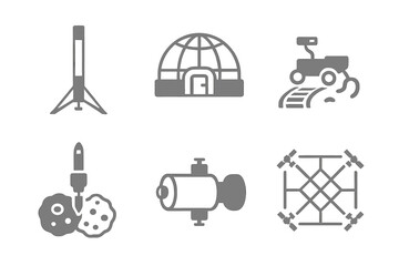 Various space exploration icons depicting a rocket, dome structure, rover, excavation tools, engine, and drone elements in a simple design © Alan