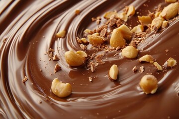 Notion&nbsp;of&nbsp;enticing&nbsp;treat&nbsp;and&nbsp;filling&nbsp;dessert&nbsp;joy&nbsp;peanut&nbsp;swirling&nbsp;with&nbsp;chocolate over liquid chocolate setting lovely hue delish food, Generative AI.
