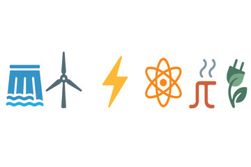 Fototapeta premium Icons representing various energy sources including water, wind, solar, nuclear, thermal, and biomass