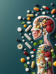Conceptual representation of human anatomy made from various foods, pills, and supplements, symbolizing connection between nutrition, health, and medicine. vibrant composition emphasizes balanced