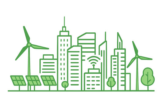Modern green cityscape with wind turbines and solar panels promoting renewable energy initiatives