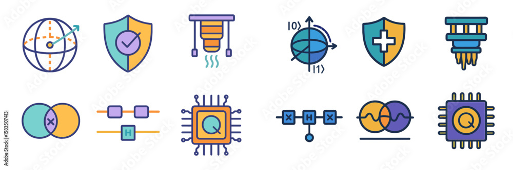 Poster collection of colorful icons representing technology, security, and quantum computing elements on a 