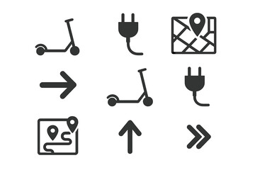 Icons representing electric scooters, charging points, and navigation features for urban mobility in a modern city setting