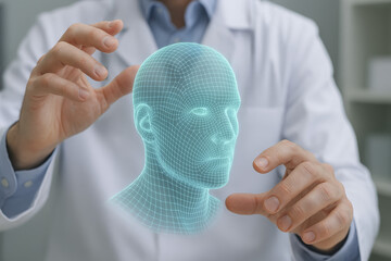 A professional applies advanced technology to manipulate a three-dimensional biometric model enhancing detailed analysis and innovation in medical research and business strategy