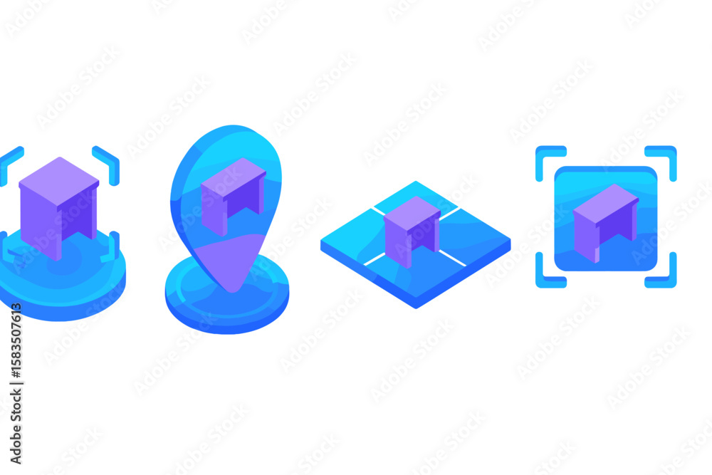 Poster digital design elements showcasing a 3d table in various layouts and orientations for virtual applic