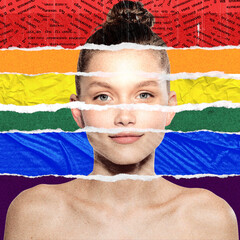 Colorful collage portrait of young woman layered with rainbow textures and confident expression....