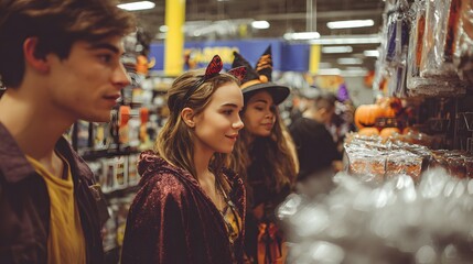Obraz premium Young people choose Halloween costumes and decorations in a store.