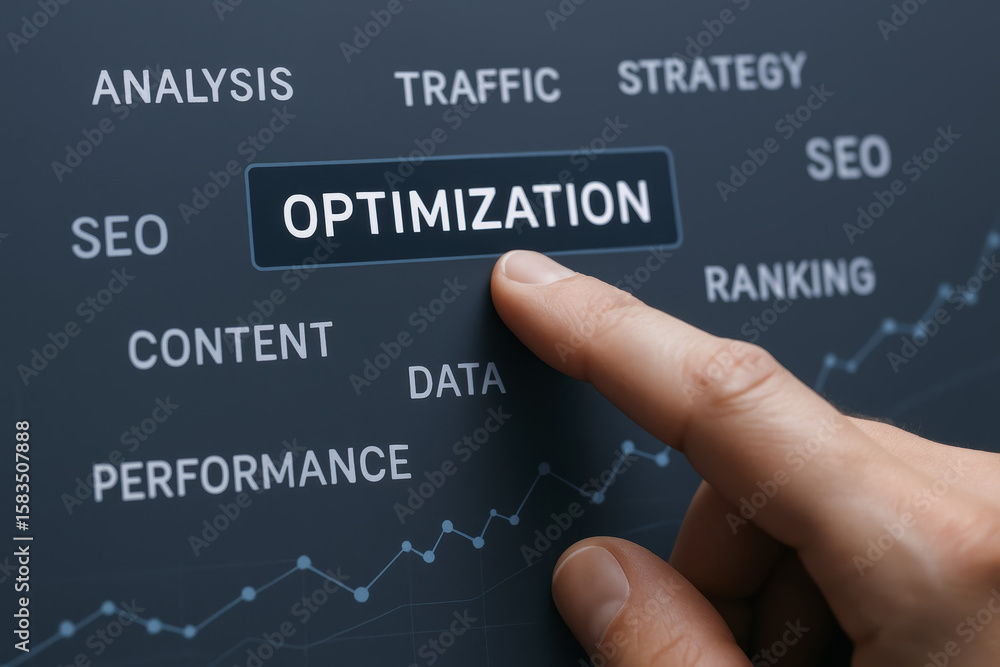 Poster a selects optimization on a digital interface surrounded by key business terms illustrating data-dri