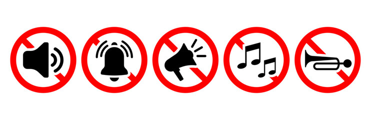 no loud noise, sound, music, vehicle horn signs. warning signs for automobile. no volume, voice, speak icons, no sound forbidden or prohibition sign set on white. eps vector illustration