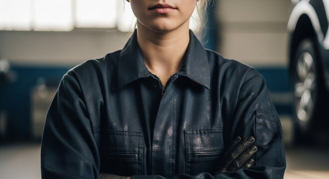 Confident Female Mechanic in Black Leather Jacket Working in Auto Shop