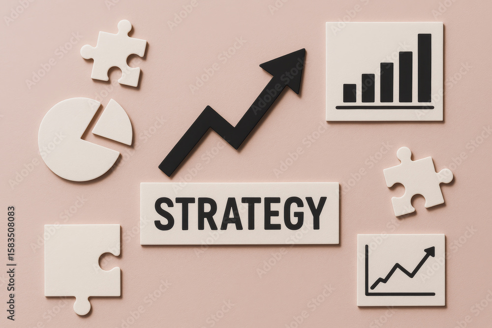 Poster progress and growth are represented by an upward arrow and charts symbolizing strategic planning and