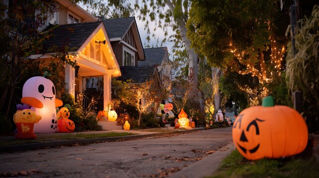 Halloween decorations light up a street, creating a festive and spooky atmosphere in the neighborhood. - Powered by Adobe