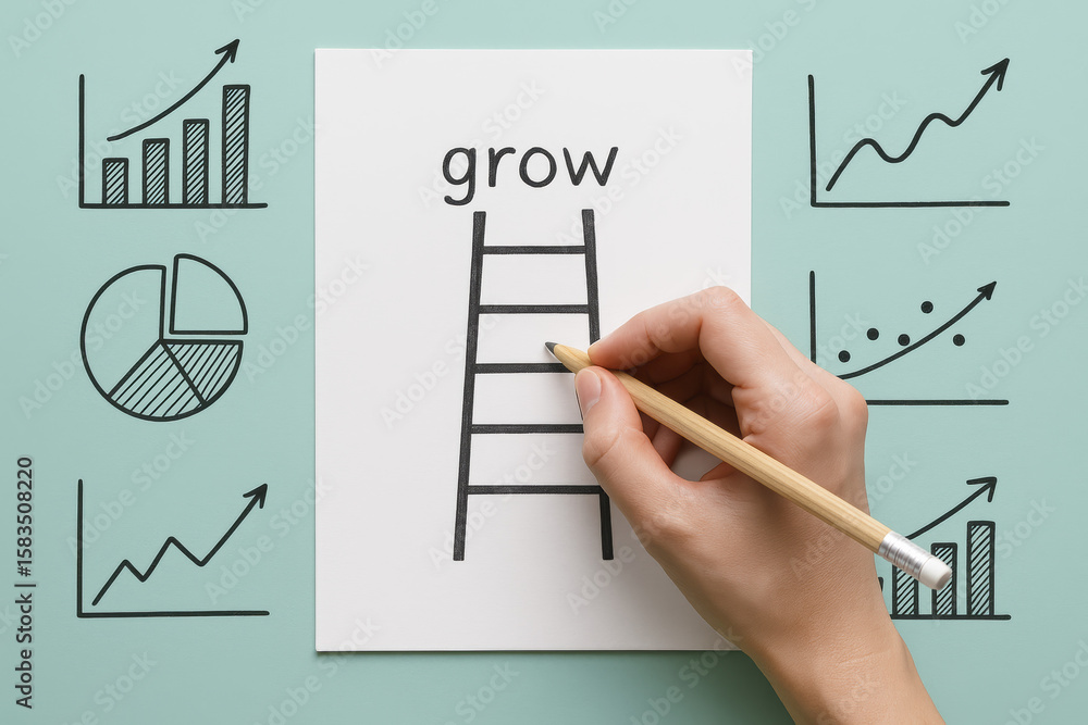 Poster a sketches a ladder symbolizing progress and development on a flat mint background surrounded by var