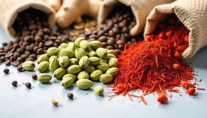 Ultra high-resolution, clean and hygienic setup showing freshly delivered Chai Karak premix ingredients. Flat lay or 3/4 angle view of vibrant green cardamom pods, whole cloves, dried tea leaves, red 