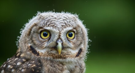Obraz premium Detailed Owl Portrait with Vibrant Yellow Eyes and Soft Feather Texture Against Blurred Green Background