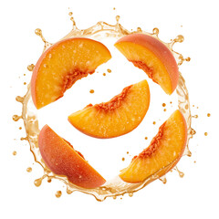 Sliced peaches are caught in a dynamic splash of juice, isolated against a stark transparent background for a vibrant, fresh feel.