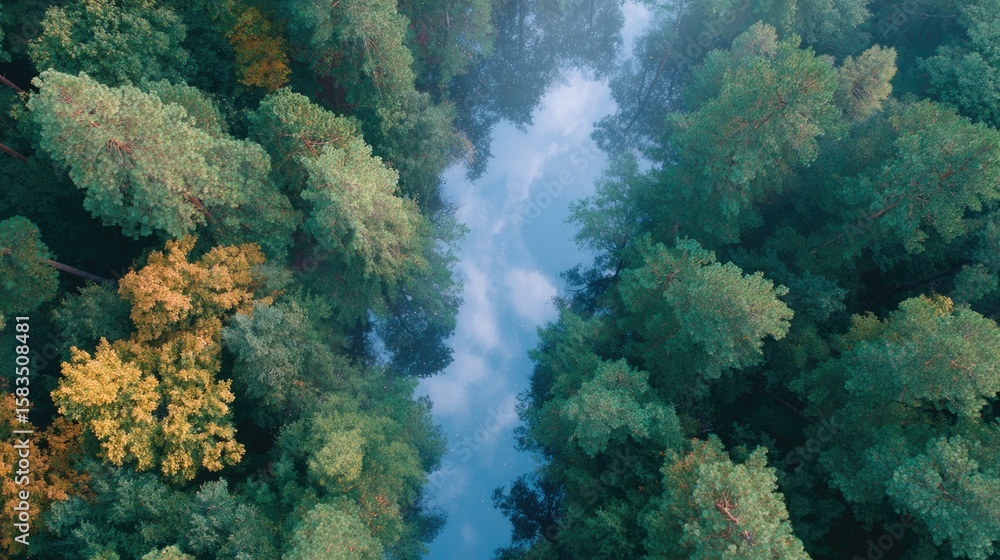 Poster drone overhead of leaf-covered clearing in forest with puddles reflecting tree trunks