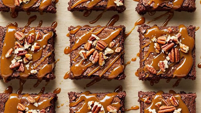 Delectable chocolate brownies with caramel drizzle patterned in rows