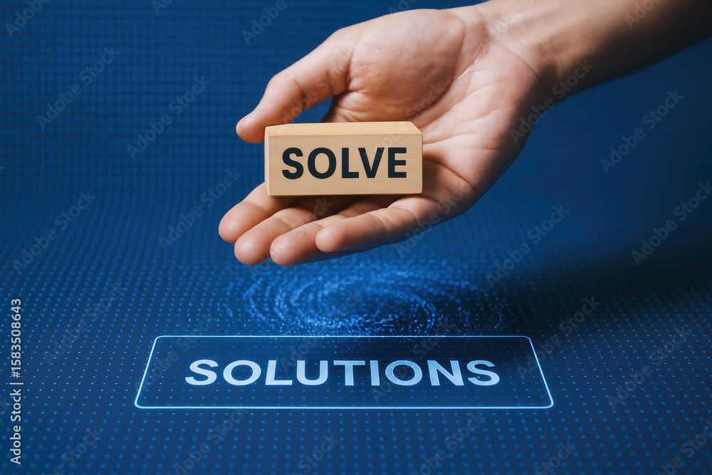 Poster a presents a block symbolizing problem-solving amid digital elements that visualize innovative busin