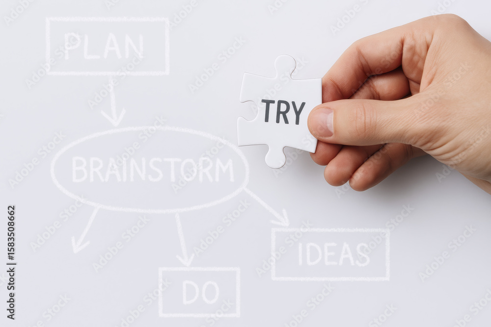 Poster holding a puzzle piece labeled with a motivating word reflects the essential step effort in the crea