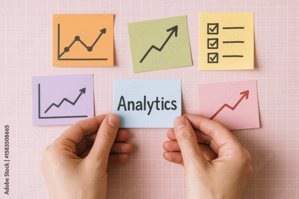 Aufkleber hands arranging notes illustrate the growth trends and data evaluation processes essential for busin