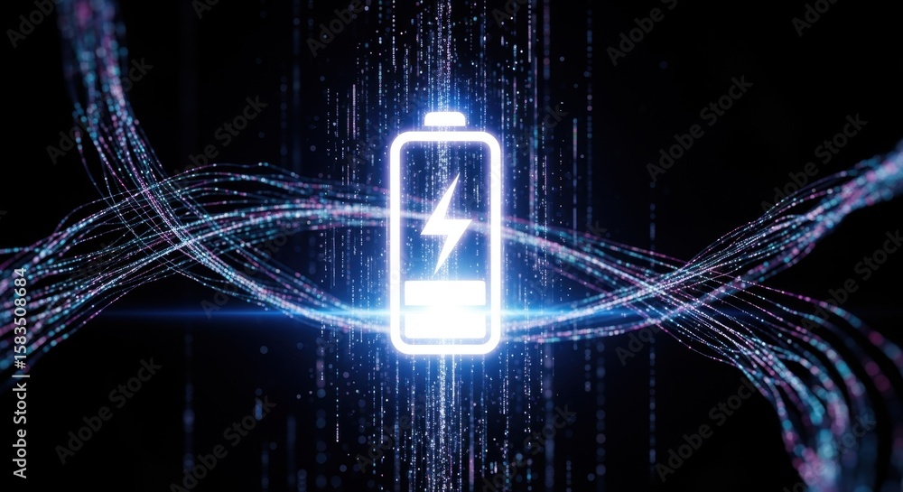 Poster luminous icon of a battery surrounded by abstract data streams for smart energy use.