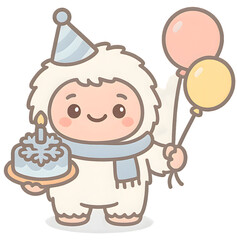 Adorable cartoon yeti wearing a party hat and scarf, holding a birthday cake and balloons. Perfect for winter celebration themes.

