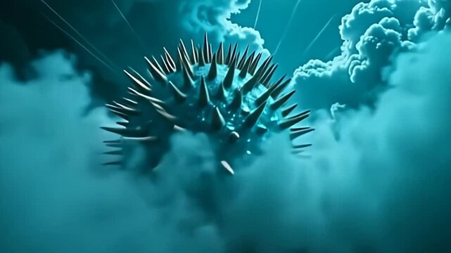 Churning clouds of electric teal backdrop complement the contrasting shimmering spikeball of noise hazy abstract pulses that pulse brightly at varying intervals, crafting a narrative of
