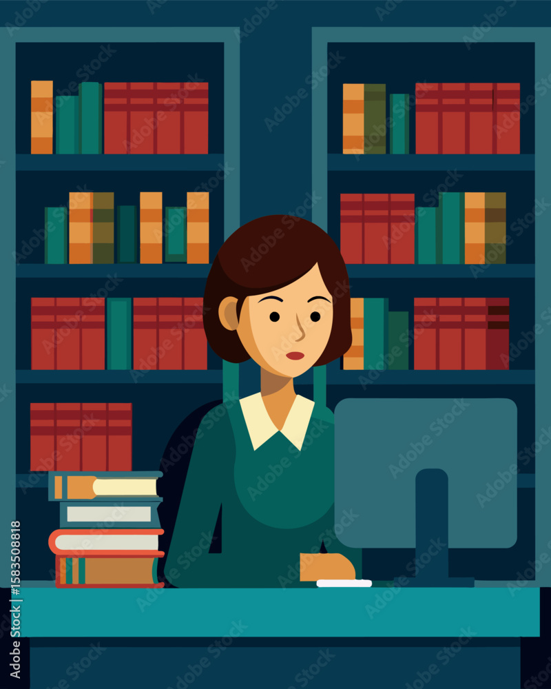 Poster the librarian sat at the front desk intently gazing at a computer screen while the shelves of ancien