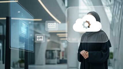 Arab businesswoman interacting with a futuristic cloud technology interface in a modern office - Powered by Adobe