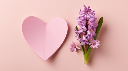 Pink heart-shaped paper cutout and purple hyacinth flowers on a pastel pink background.