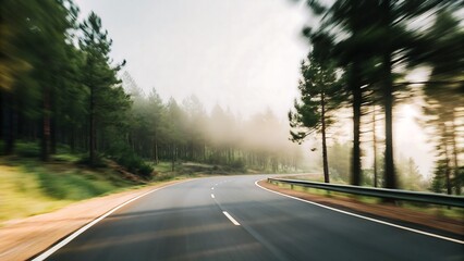 Fototapeta premium Foggy Mountain Road Through Pine Forest with Speed Blur
