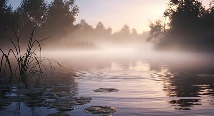 Tranquil misty lake during golden hour with soft pastel sky, calm water with gentle ripples, silhouetted reeds in foreground, and distant trees fading into haze