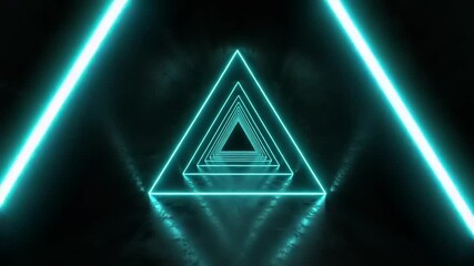 A glowing turquoise triangle tunnel stretches into a mirrored abyss creating a futuristic vibrant geometrical visual - Powered by Adobe