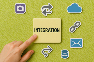 A emphasizes the concept integration amid icons symbolizing data communication and cloud technology workflows