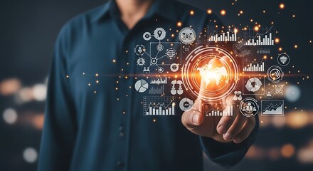 Businessman interacting with futuristic digital interface representing global data analysis
