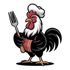Funny Cartoon Chef Rooster Illustration with Red Comb and White Feathers. chicken, rooster, bird, animal, cartoon, hen, vector, illustration.