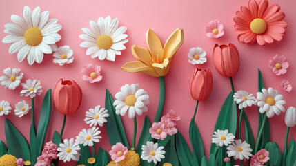Paper cut flowers daisies and tulips on blue background