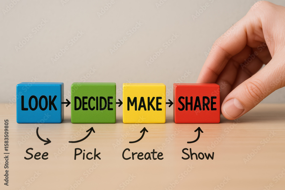 Poster a arranges colored blocks illustrating a workflow that guides decision-making and collaborative shar