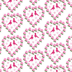 Lovebirds in Rose Hearts Seamless Romantic Pattern for Valentine Decor