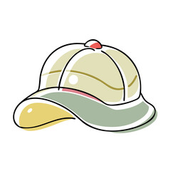 Colorful baseball cap illustration with curved brim and button on top  