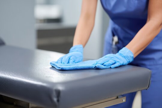 Medical professional cleaning examination table in clinic with focus on hygiene and safety